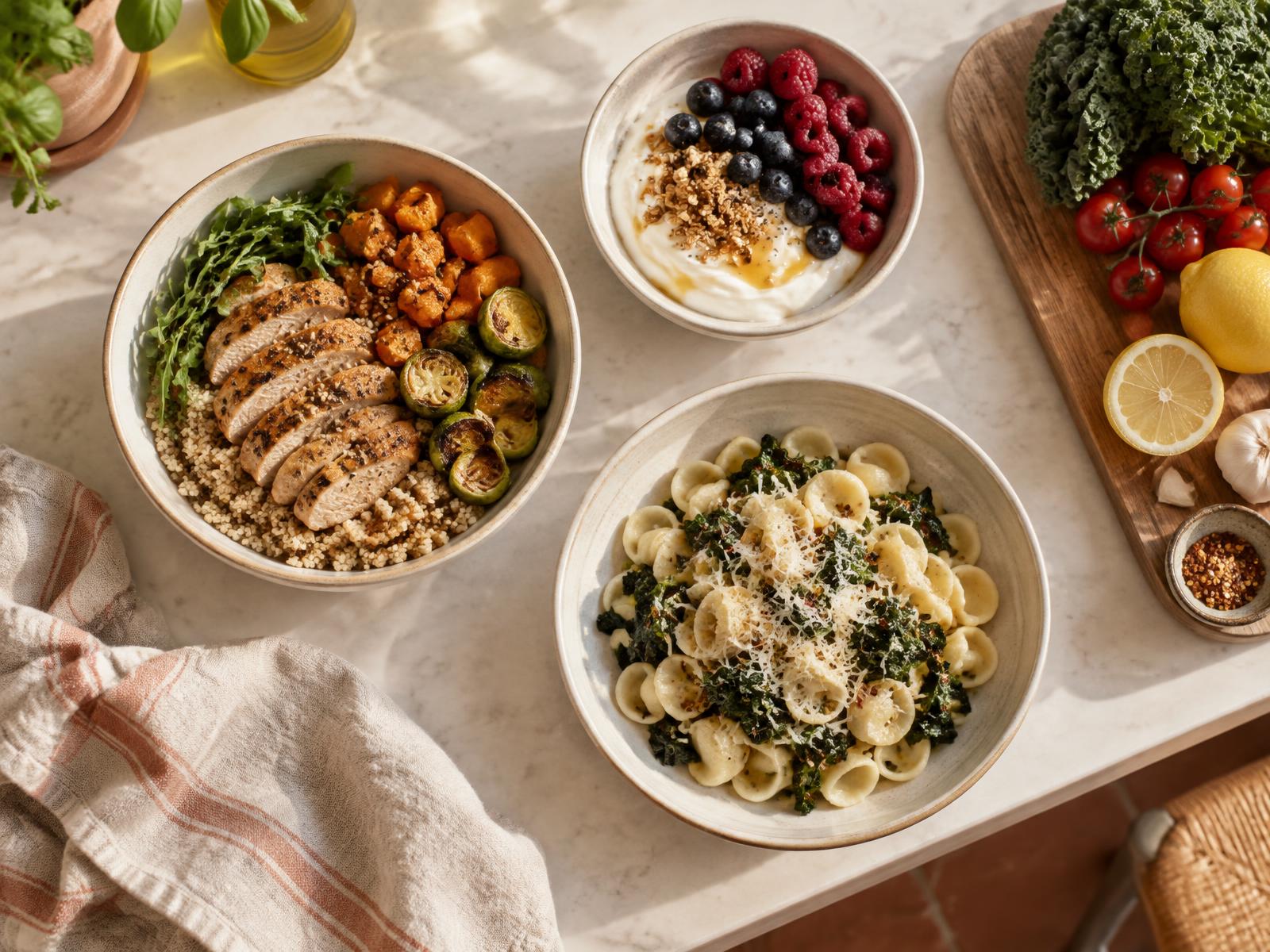 Three home-cooked meals in ceramic bowls on a sunlit kitchen counter